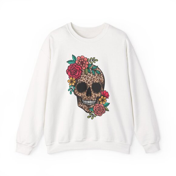 Skull with Vibrant Flowers Unisex Gildan Sweatshirt Crewneck - Picture 13 of 13
